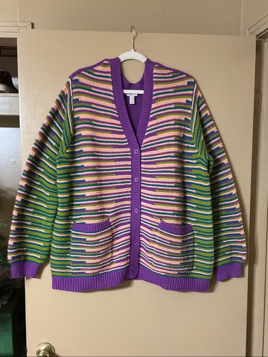 LOGO by Lori Goldstein Sweaters - LOGO Striped V-Neck Cardigan Sweater in Purple, Green, and Pink